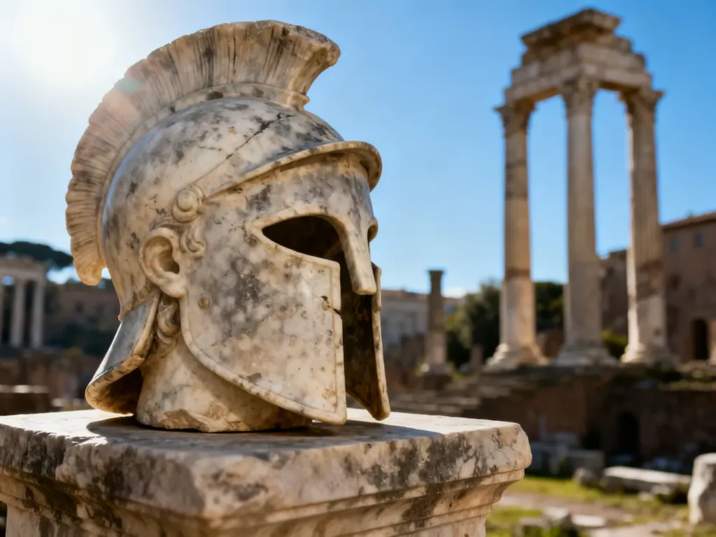 Starożytny rzymski hełm na kamiennym postumencie na tle ruin Forum Romanum w słoneczny dzień.