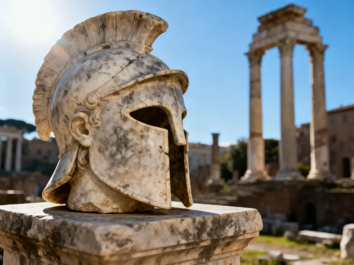 Starożytny rzymski hełm na kamiennym postumencie na tle ruin Forum Romanum w słoneczny dzień.