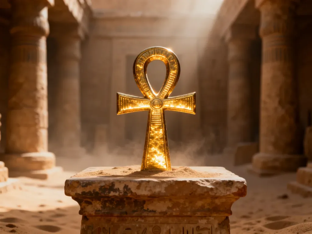 Złoty symbol ankh spoczywający na piaskowcowym ołtarzu w starożytnej egipskiej świątyni, symbolizujący życie wieczne.