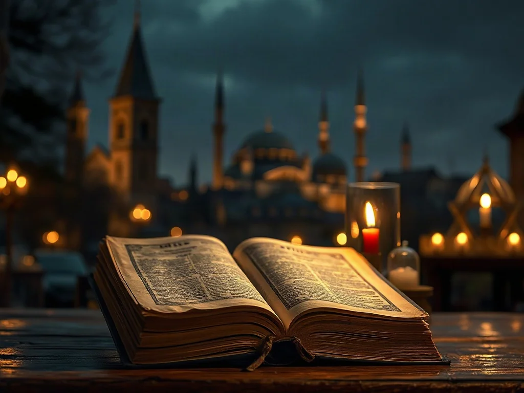 Trzy święte księgi na drewnianym stole w świetle świec, z rozmytymi sylwetkami katedry, meczetu i synagogi w tle.