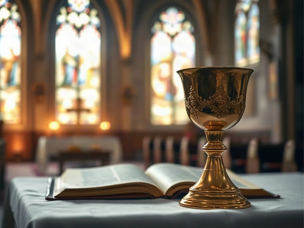 Złoty kielich mszalny obok otwartej Biblii na ołtarzu, symbolizujący jedność liturgii słowa i eucharystii w kościelnym wnętrzu.