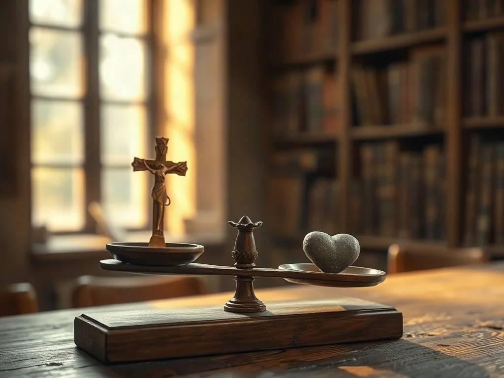 Waga szalkowa z krzyżem i kamiennym sercem symbolizująca dylemat między wiarą a głosem sumienia w bibliotecznym wnętrzu.
