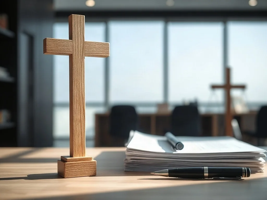 Drewniany krzyż obok dokumentów prawnych i pióra na biurku, symbolizujący relacje między Kościołem a państwem.