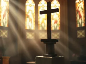 Waga z symbolem boskiej woli i figurą geometryczną, symbolizująca dylemat Eutyfrona w kontekście moralności i religii.