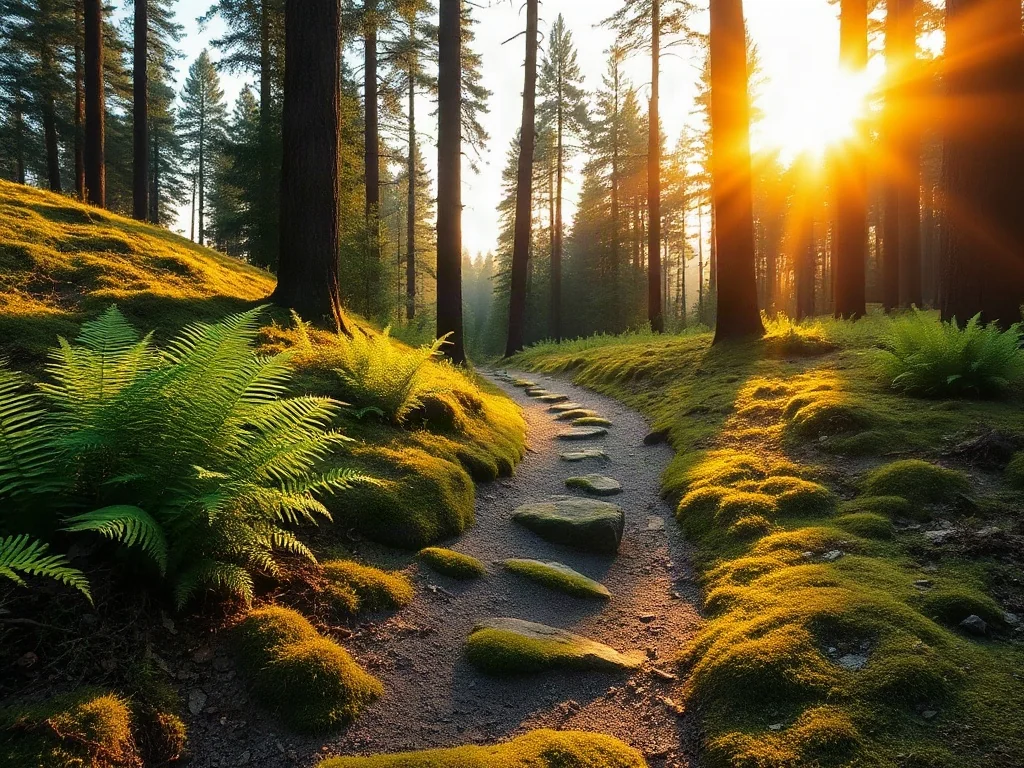Spokojna leśna ścieżka o wschodzie słońca, zachęcająca do wyciszenia i kontaktu z naturą w otoczeniu drzew i mchu.
