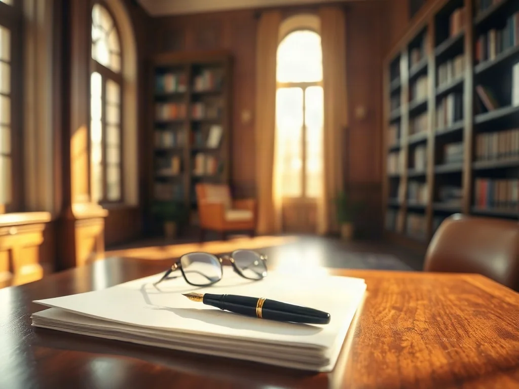 Stos dokumentów prawnych i pióro na biurku w bibliotece, symbolizujące formalności związane z wnioskowaniem o dotacje.
