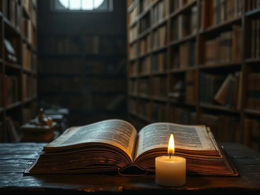 Otwarta, stara księga przy świetle świecy w bibliotece, symbolizująca zgłębianie tajemnic mistyki i filozofii.