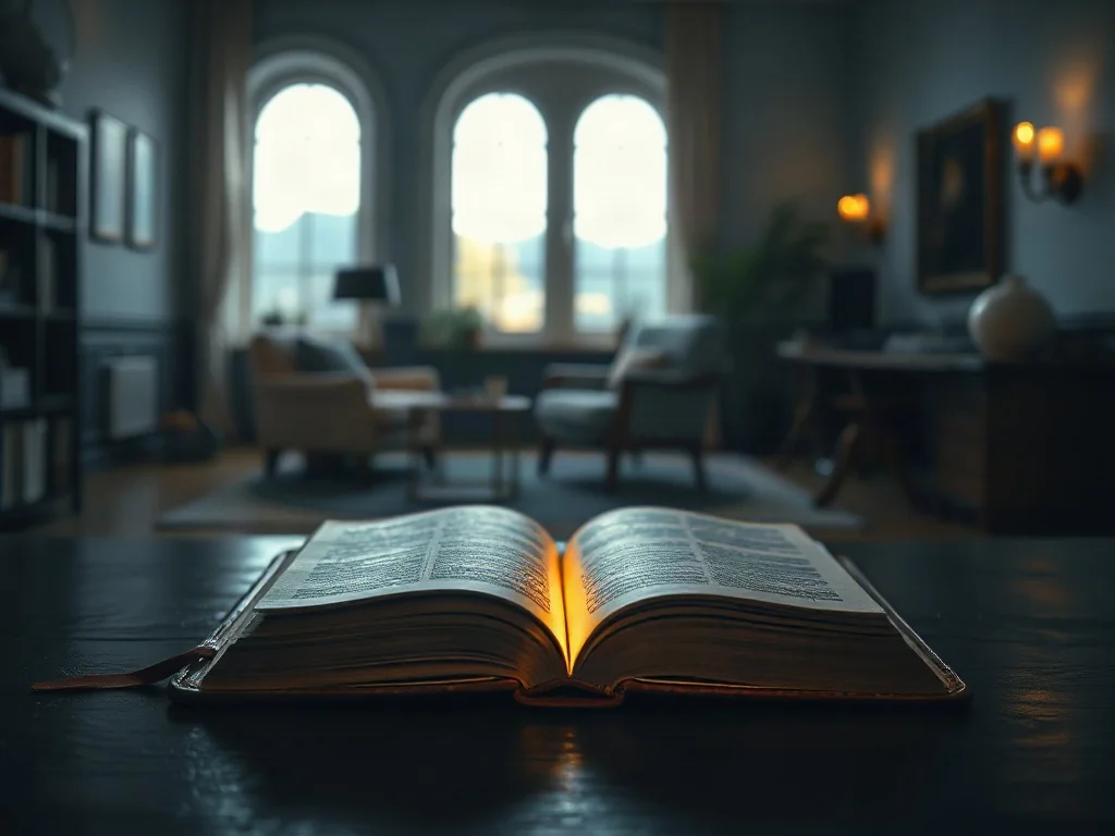 Stara księga z bijącym z niej światłem na tle minimalistycznego wnętrza, symbolizująca połączenie psychologii i teologii.