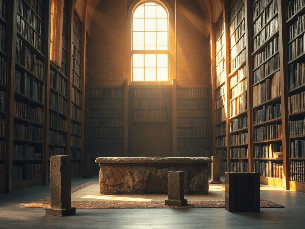 Starożytny kamienny ołtarz w minimalistycznej bibliotece, symbolizujący przenikanie się sacrum i wiedzy.