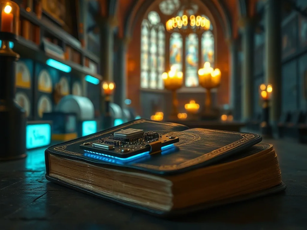 Płytka drukowana z neuralinkiem leżąca na starej Biblii, symbolizująca przenikanie się nowoczesnej technologii i duchowości.