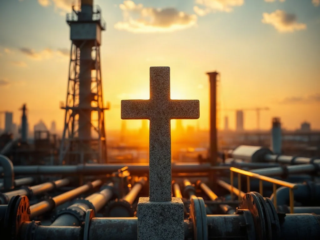 Kamienny krzyż na tle nowoczesnej fabryki i zachodzącego słońca, symbolizujący przenikanie się wiary i przemysłu.