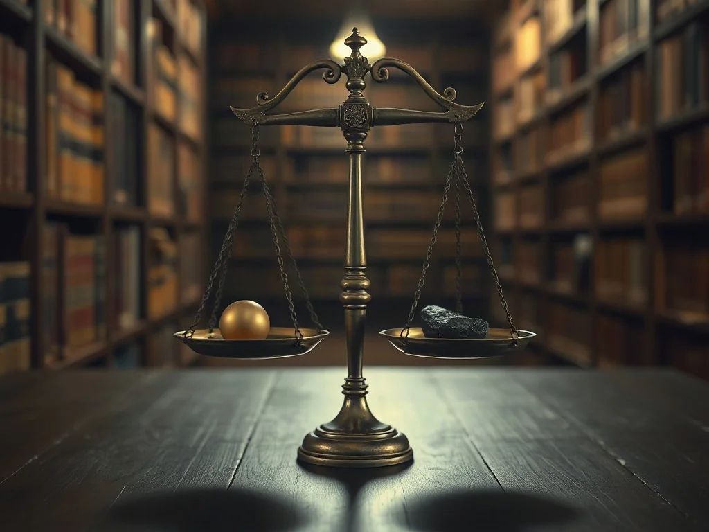Waga szalkowa z jasną kulą intencji i ciemnym kamieniem czynu, symbolizująca moralną ocenę ludzkich działań.