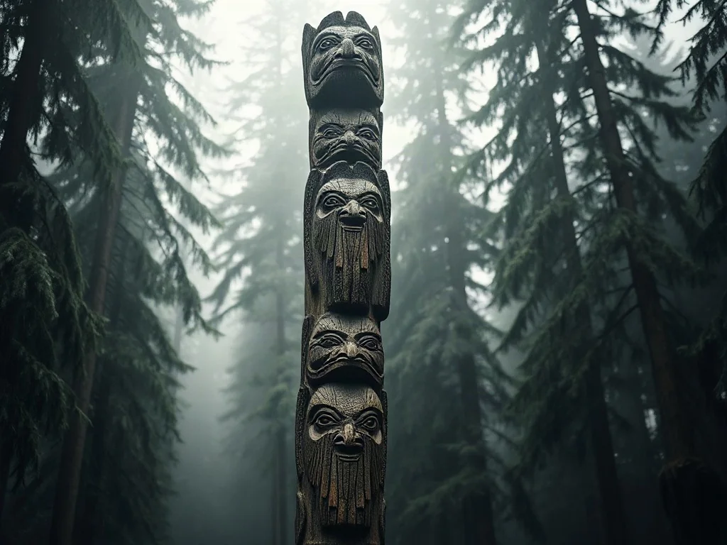Starożytny, drewniany totem z rzeźbieniami zwierząt i przodków, stojący w mglistym, pierwotnym lesie.