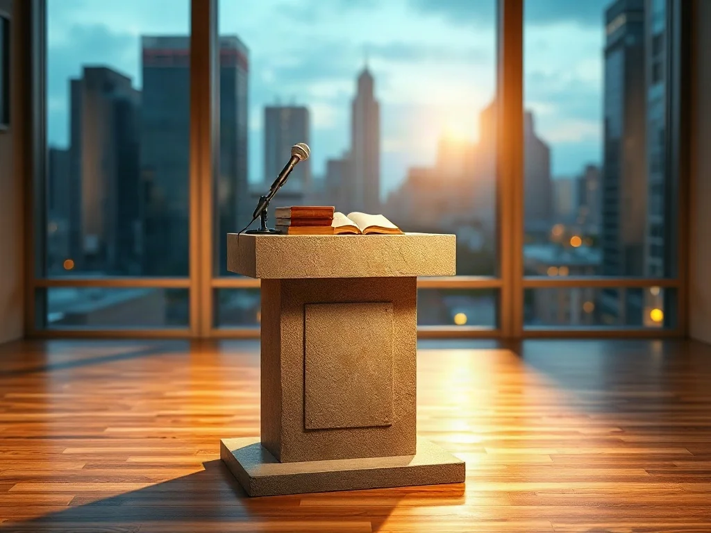 Kamienna mównica ze starą księgą i nowoczesnym mikrofonem na tle miejskiego krajobrazu, symbolizująca debatę o roli religii.