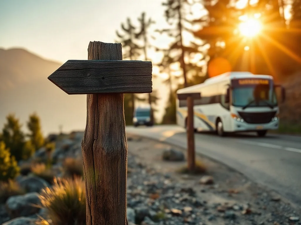 Zużyte buty trekkingowe na drogowskazie w górach oraz autokar w tle, symbolizujące wybór między pieszą a autokarową pielgrzymką.