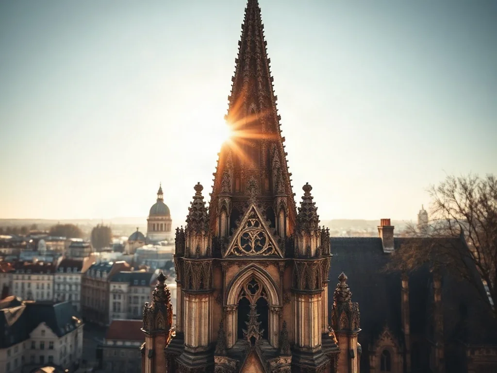 Majestatyczna wieża zabytkowej katedry na tle nowoczesnego miasta, symbolizująca relację tradycji z współczesnością.