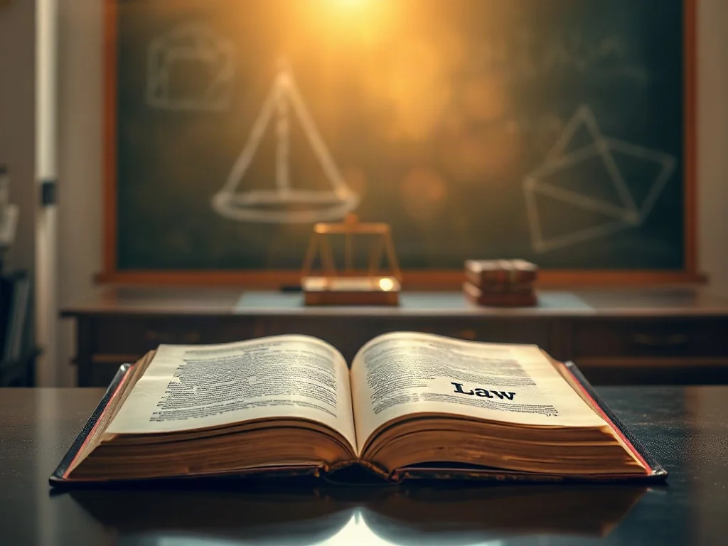 Otwarta księga prawnicza na drewnianym biurku w tle szkolnej tablicy, symbolizująca podstawy prawne nauczania religii.