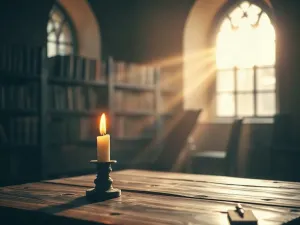 Dwa puste krzesła przy stole w ciepłym świetle zachodzącego słońca, symbolizujące trudną rozmowę o wierze z bliskimi.