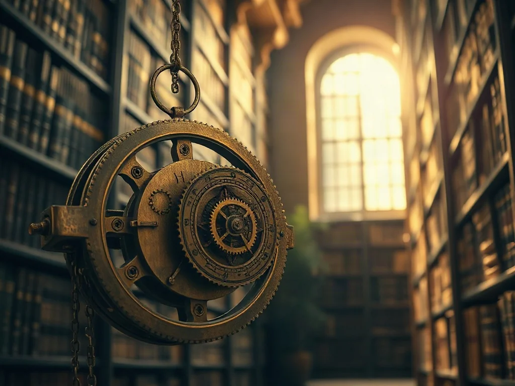 Złoty mechanizm zegarowy na tle starożytnej biblioteki, symbolizujący boski porządek i determinizm teologiczny.
