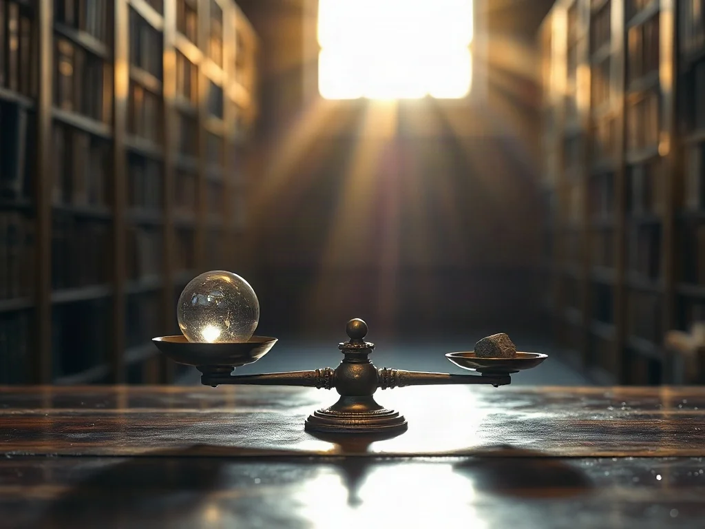 Stare mosiężne wagi z kamieniem i świetlistą kulą na tle biblioteki, symbolizujące metafizyczną wagę ludzkich czynów.