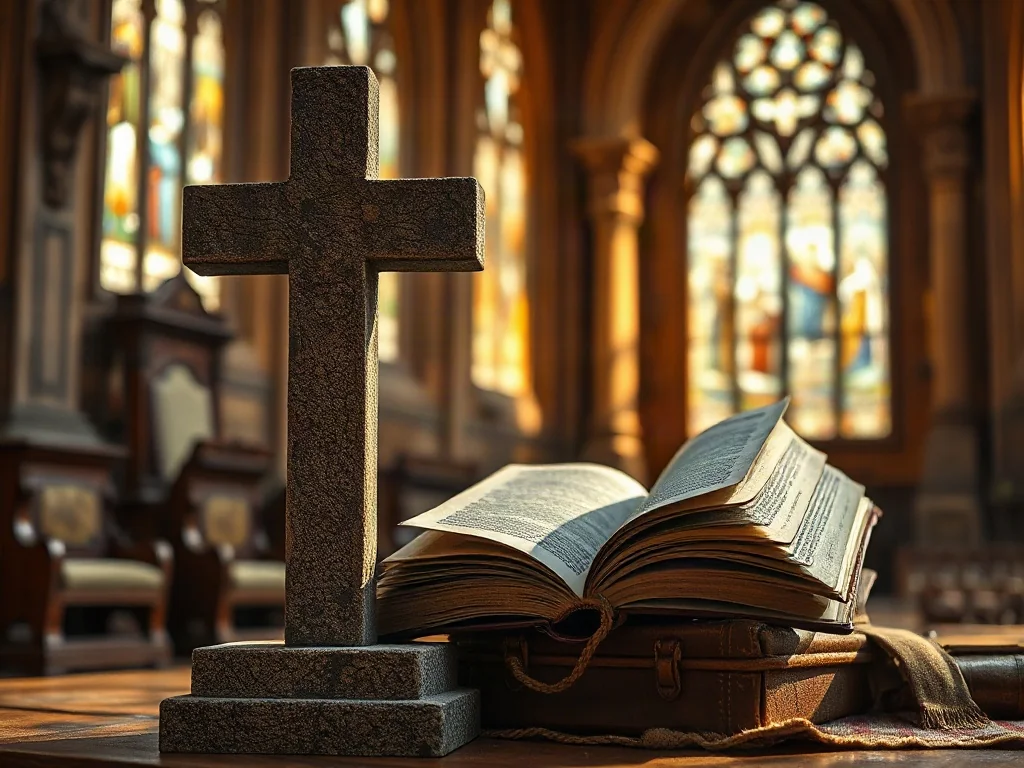 Kamienny krzyż, stare księgi i ludowa tkanina na tle katedry, symbolizujące przenikanie się religii i tradycji.