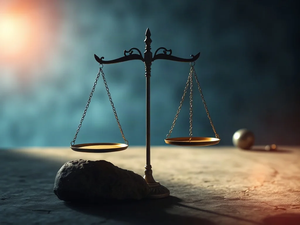 Waga symbolizująca dualizm dobra i zła, z jedną stroną oświetloną złotym światłem, a drugą pogrążoną w chłodnym cieniu.