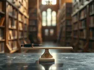 Otwarta, starodawna księga na drewnianym stole w bibliotece, z której unoszą się złote drobbiny symbolizujące boską inspirację.