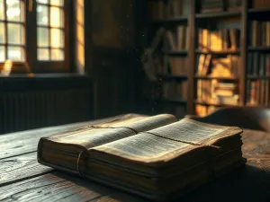 Drewniany różaniec leżący na otwartej, zabytkowej księdze w promieniach porannego słońca, sprzyjający modlitwie i skupieniu.