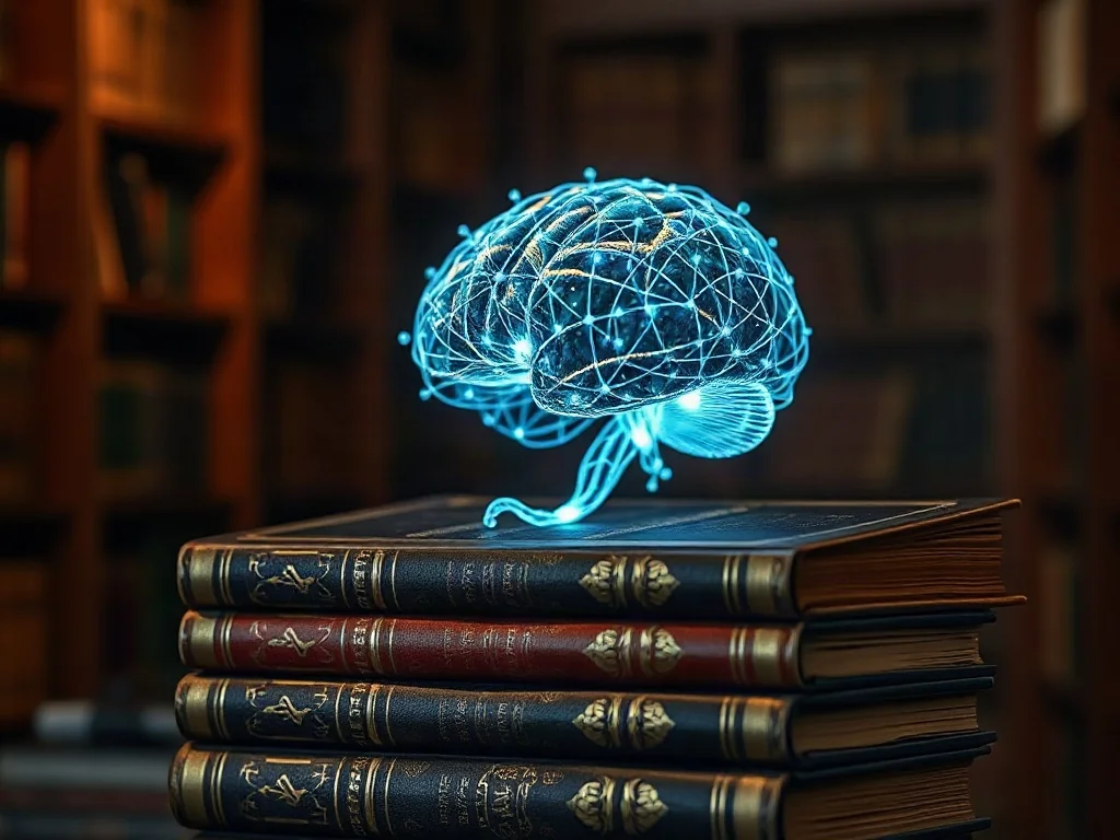 Futurystyczny, świecący mózg z sieci neuronowych wyłaniający się ze stosu zabytkowych książek w bibliotece.