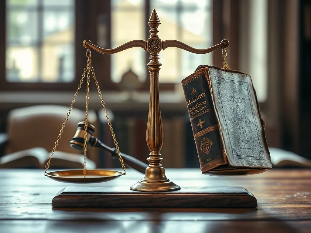 Mosiężna waga z młotkiem sędziowskim i starą księgą symbolizująca równowagę między prawem świeckim a tradycją religijną.