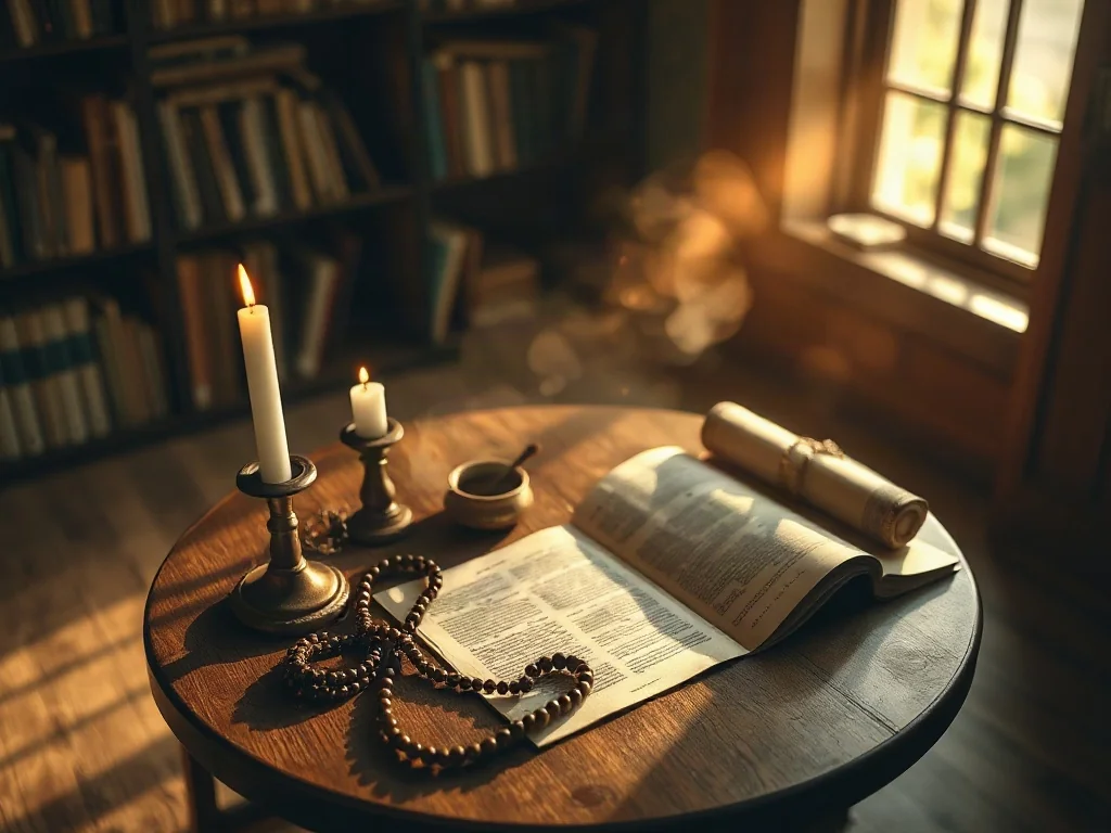 Drewniany stół z symbolami różnych religii, takimi jak świeca, różaniec i stare zwoje, w ciepłym świetle biblioteki.