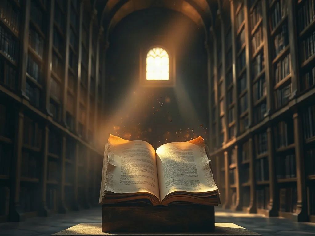 Oświetlony snopem światła starożytny zwój w bibliotece, symbolizujący poszukiwanie wiedzy o naturze boskości.