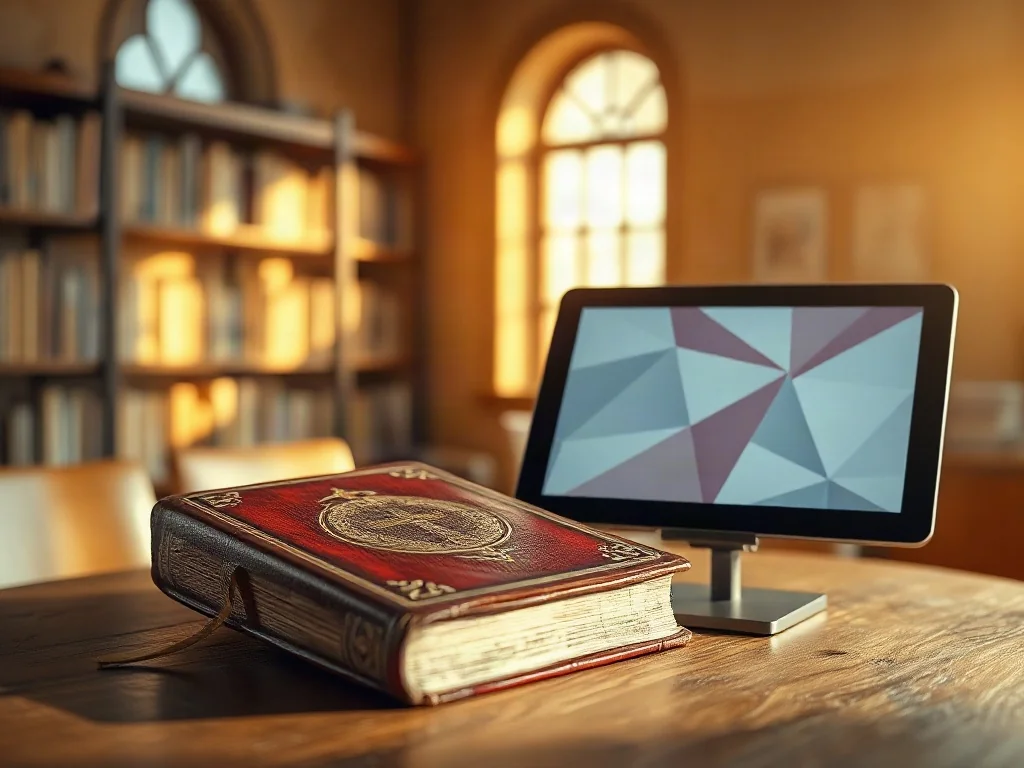 Stara księga z krzyżem obok nowoczesnego tabletu na drewnianym stole, symbolizujące równowagę między tradycją a nowoczesnością.