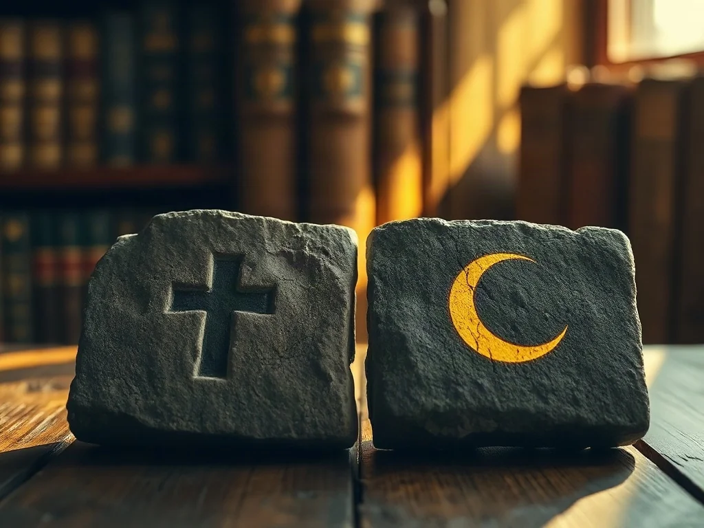 Dwie kamienne tablice z podświetlanymi symbolami krzyża i półksiężyca, symbolizujące dialog między chrześcijaństwem a islamem.