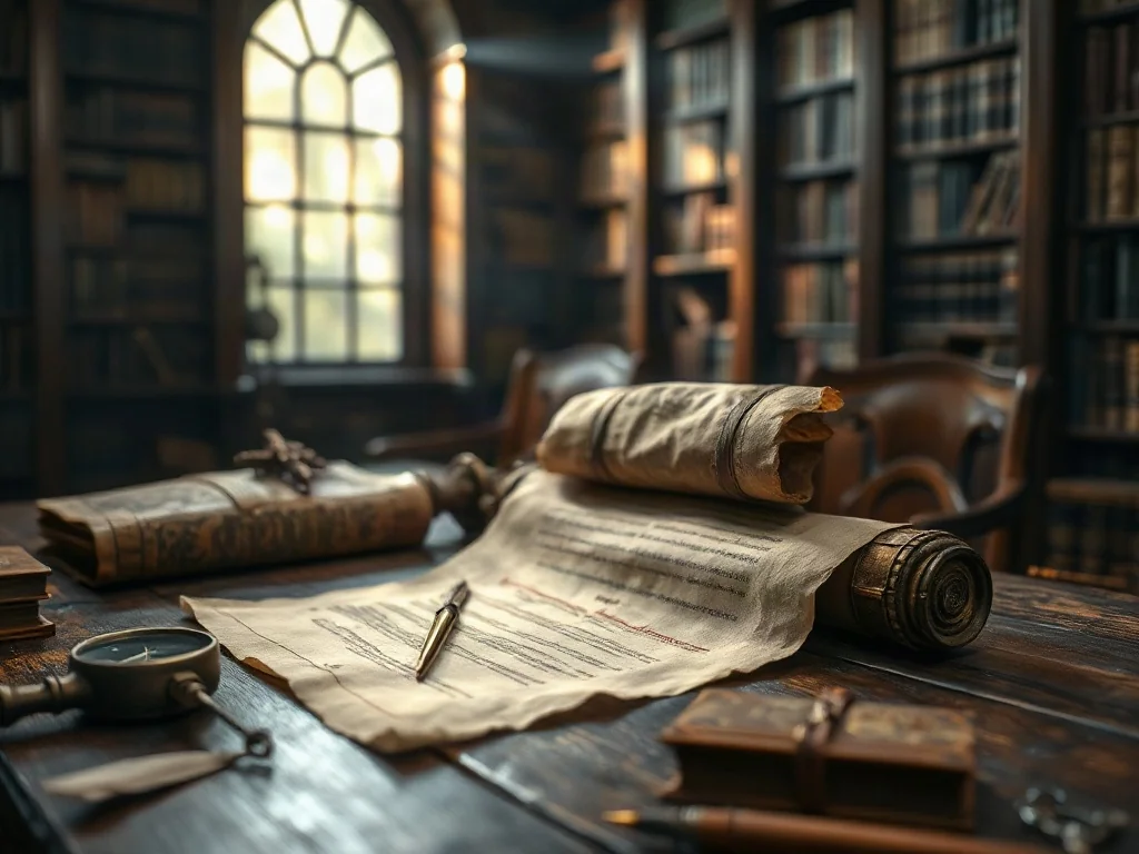 Stary zwój pergaminu na drewnianym stole w bibliotece, otoczony historycznymi przedmiotami badawczymi.