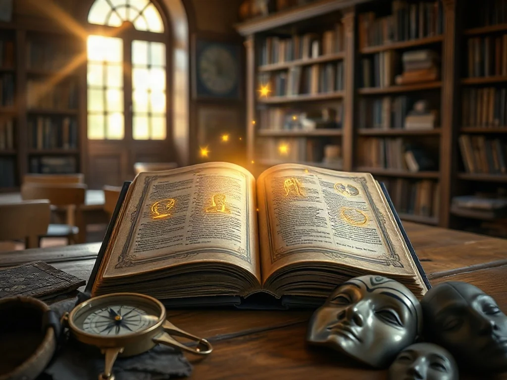 Otwarte antyczne księgi z unoszącymi się złotymi symbolami archetypów, kompasem i maskami na tle biblioteki.