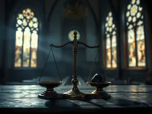 Złoty kielich na kamiennym ołtarzu w średniowiecznej katedrze, oświetlony promieniami światła wpadającymi przez witraże.