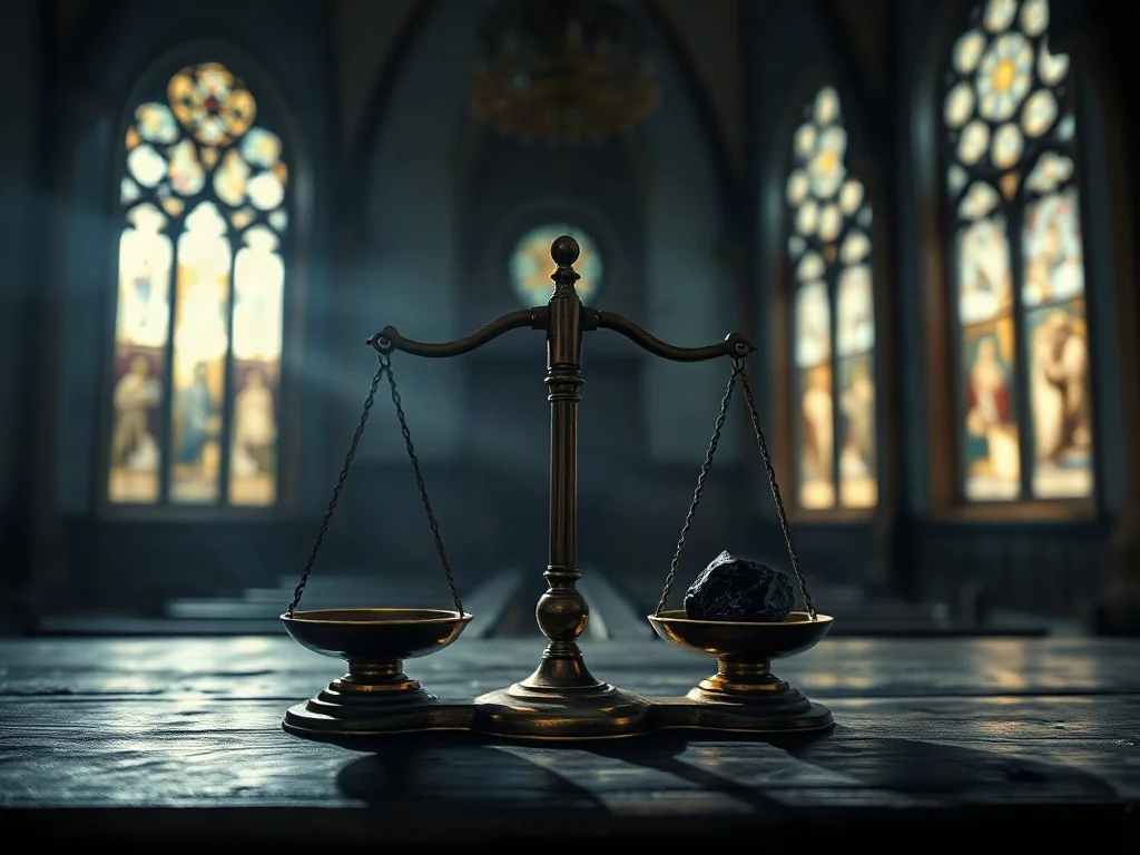 Waga z jasnym światłem i ciemnym kamieniem na tle kościoła, symbolizująca dylematy moralne i walkę sumienia.