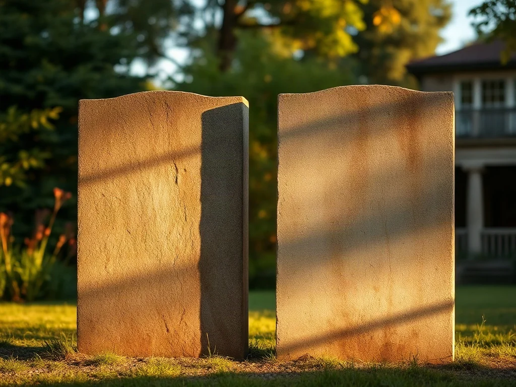 Dwie kamienne tablice w ogrodzie, symbolizujące zestawienie różnych systemów etycznych w atmosferze spokoju i refleksji.