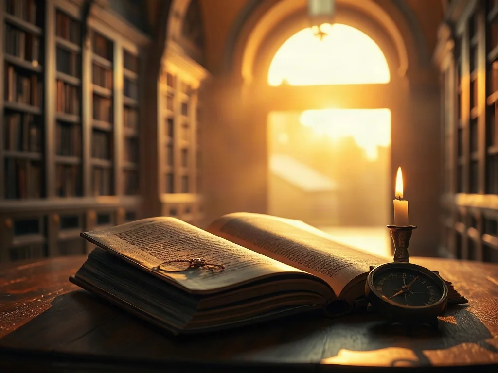 Otwarta księga, świeca i kompas na drewnianym stole, symbolizujące poszukiwanie prawdy w filozofii religii.