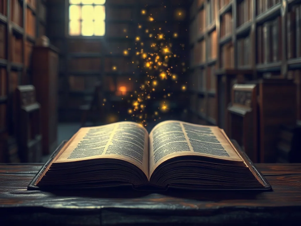 Otwarta, starodawna księga na drewnianym stole w bibliotece, z której unoszą się złote drobbiny symbolizujące boską inspirację.