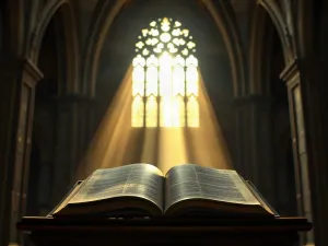 Starożytny kamienny krzyż na drewnianym stole wewnątrz katedry, symbolizujący duchowość i tradycję religijną.