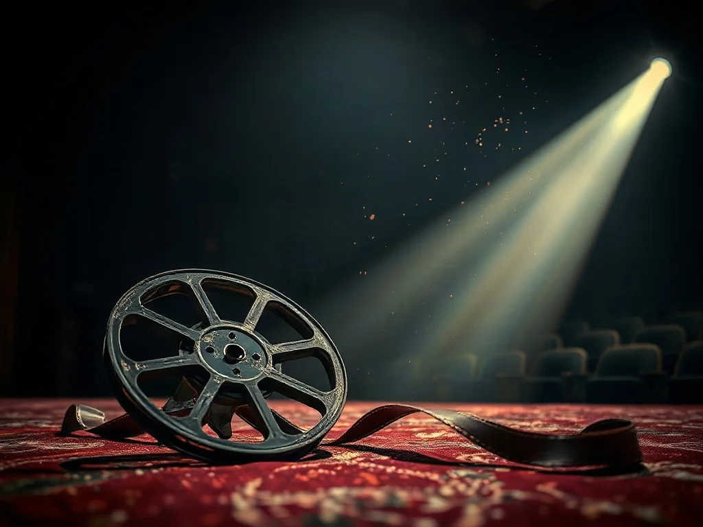 Stare szpule filmowe w snopie światła na tle pustej sali kinowej, symbolizujące metafizyczną obecność Boga w kinie.