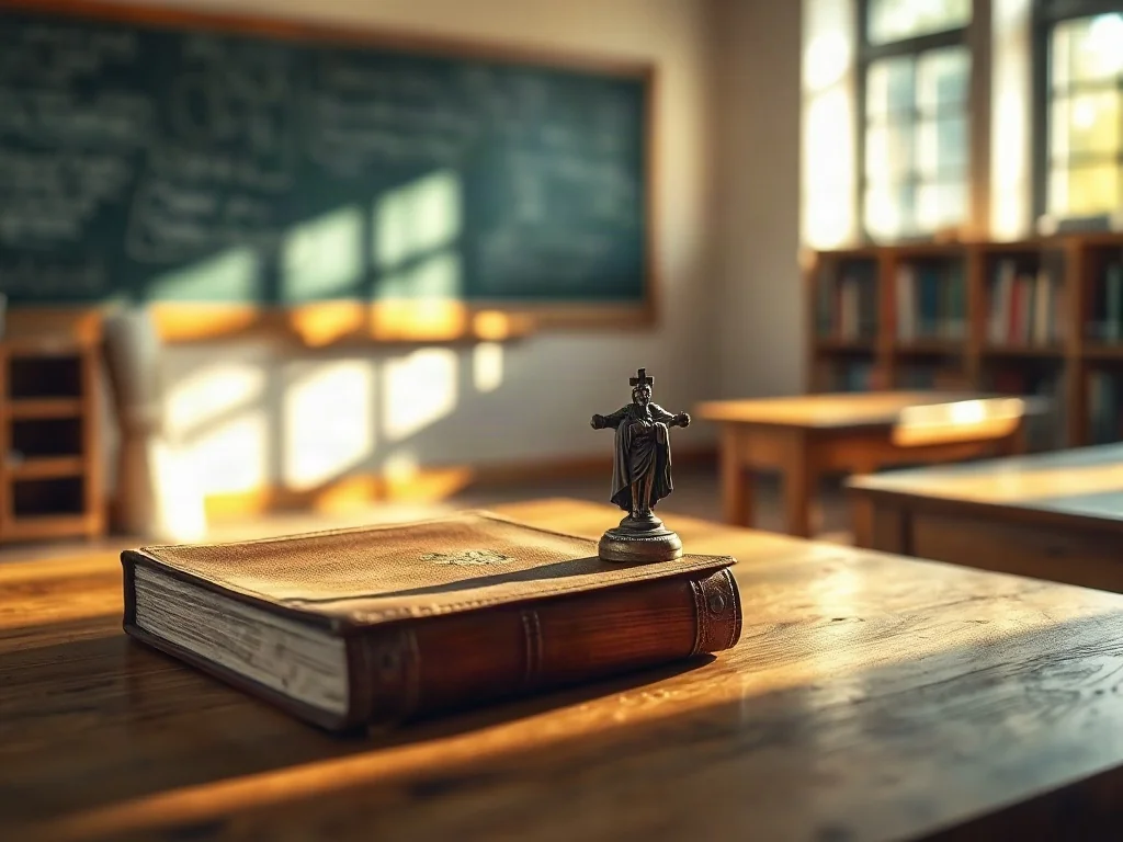 Drewniana ławka szkolna z krzyżem i książką w nasłonecznionej klasie, symbolizująca obecność religii w polskiej edukacji.