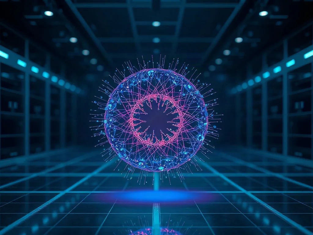 Świetlisty rdzeń sieci neuronowej unoszący się w futurystycznym laboratorium, symbolizujący rozwój sztucznej inteligencji.