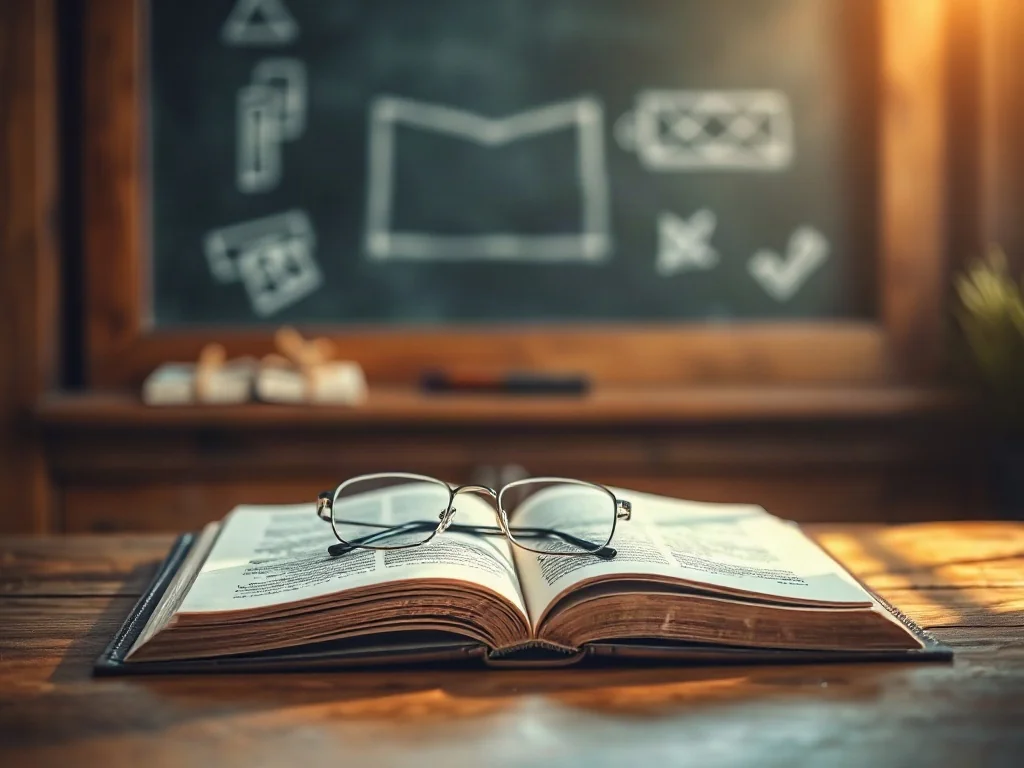 Otwarta stara książka i okulary na szkolnej ławce, symbolizujące naukę i refleksję nad edukacją.