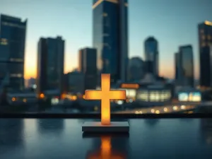 Otwarte księgi, krzyż i waga na biurku symbolizują zestawienie nauki, etyki oraz wartości religijnych w edukacji.