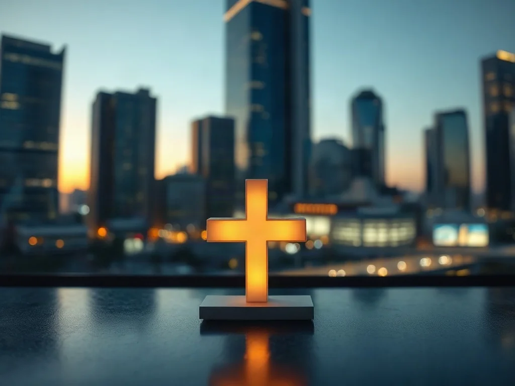 Minimalistyczna, świetlista rzeźba w kształcie krzyża na tle nowoczesnego miasta, symbolizująca relację wiary i społeczeństwa.
