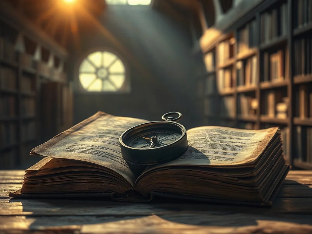 Stary kompas na otwartej księdze w bibliotece, symbolizujący poszukiwanie sensu i duchową introspekcję.