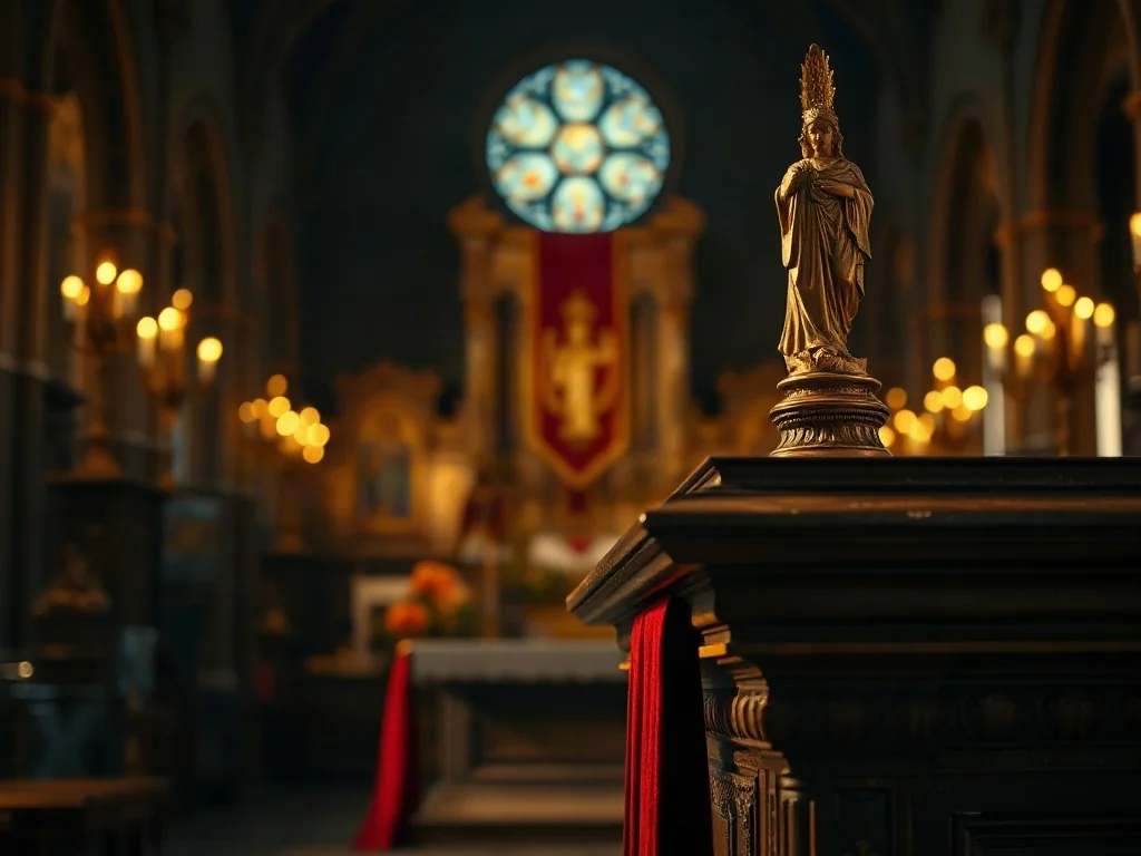 Zdobiony drewniany ołtarz ze złotą aureolą i szkarłatnym suknem w nastrojowym, oświetlonym świecami wnętrzu katedry.